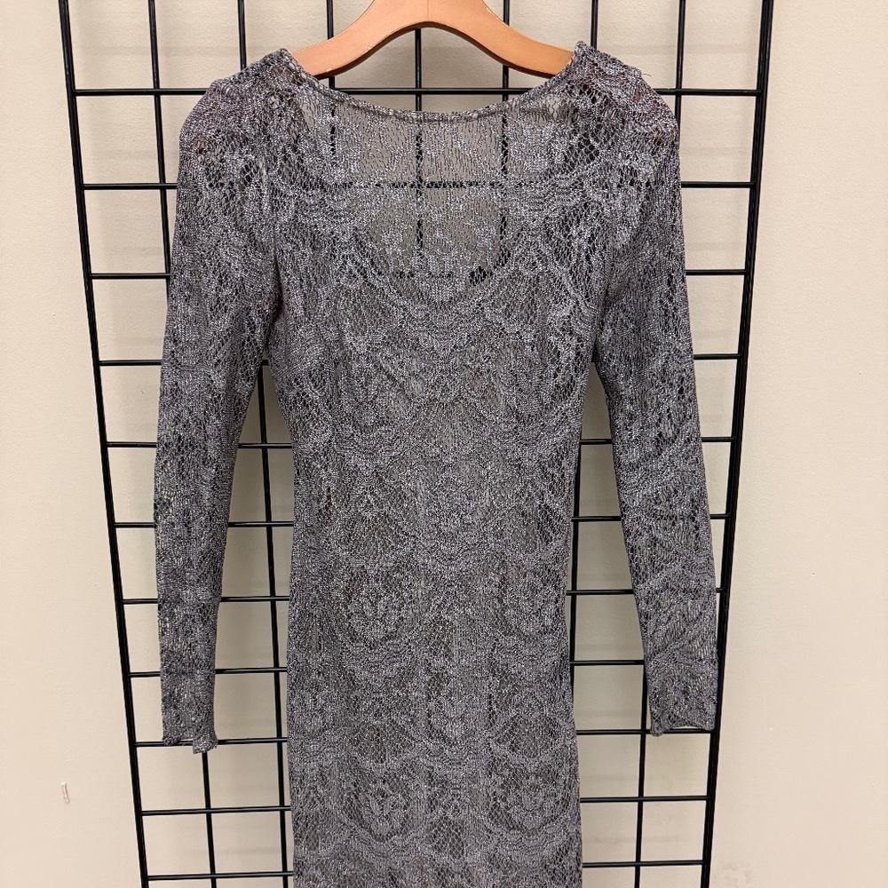 GORGEOUS Aidan Mattox Silver Embroidered Sheath Dress w fringe detail